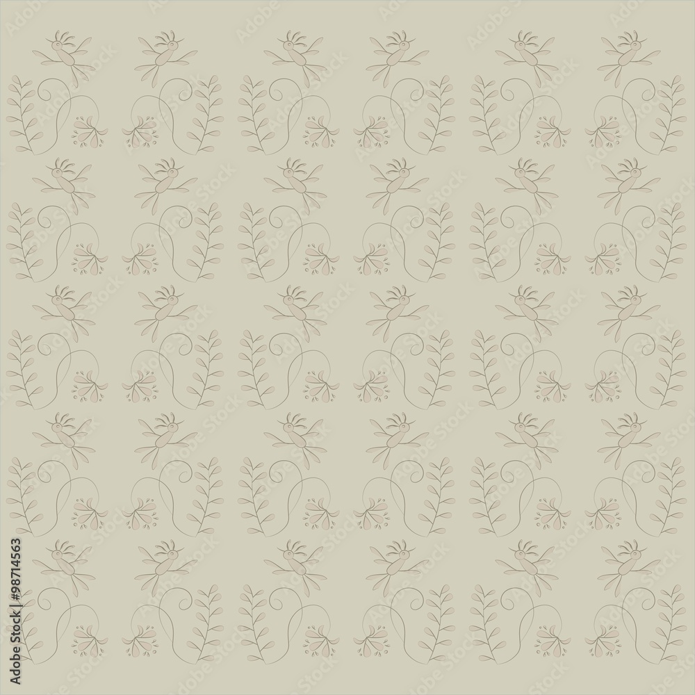 Seamless floral texture. Beige background, pink birds, flowers and leaves, thin black lines, cool tones. Design element, vector
