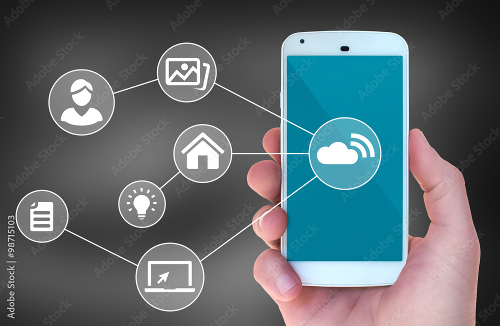 Modern mobile smart phone connected to wireless automation apps Modern mobile smart phone connected to wireless automation apps