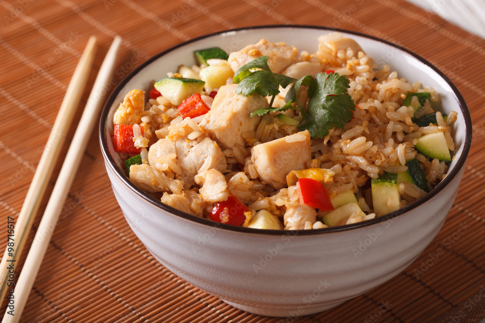 Asian fried rice with chicken and vegetables close up. horizontal
Asian fried rice with chicken and vegetables close up. horizontal