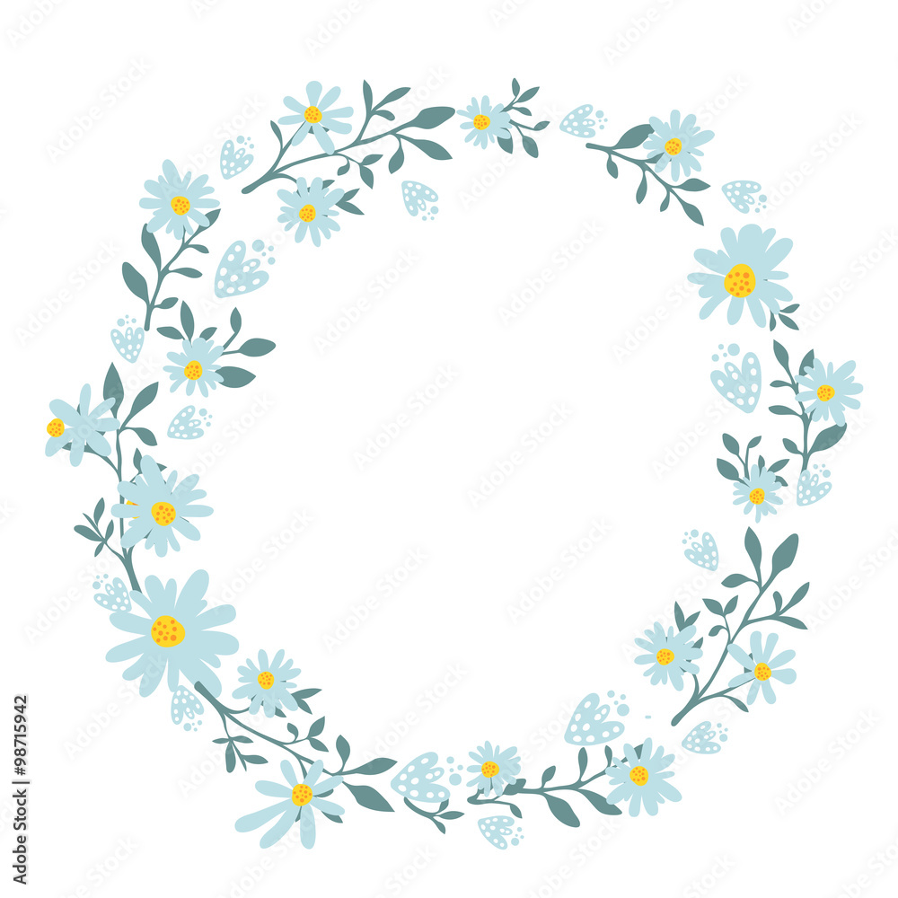 Hand drawn spring wreath with camomile flowers. Round frame for cards and wedding invitations, spring sale banners and summer offers. Vector round border with copyspace