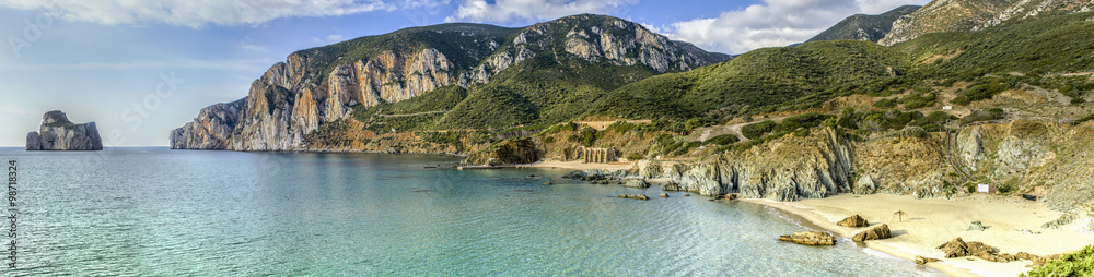 Panorama view of Masua on the west coast of Sardinia, Italy