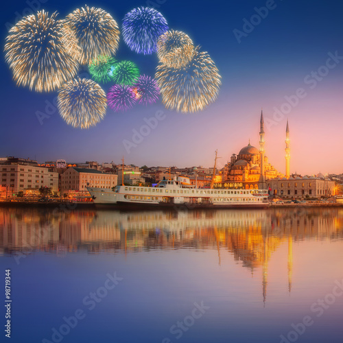 Panorama of Istanbul at a dramatic sunset with fireworks
