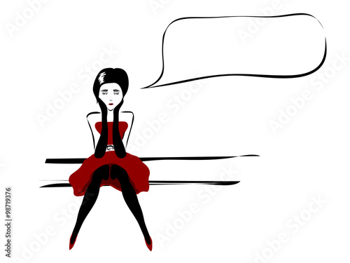 vector illustration sitting ponder sad girl in a red dress