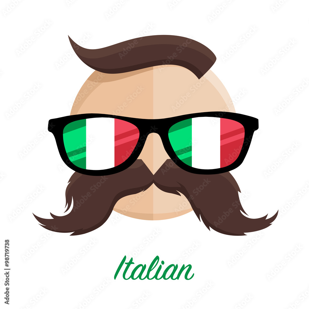 Italian hipster man with flag glasses and mustache / moustache. Vector  illustration. vector de Stock | Adobe Stock