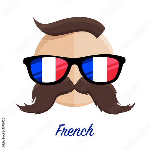 French hipster man with flag glasses and mustache / moustache. Vector illustration.