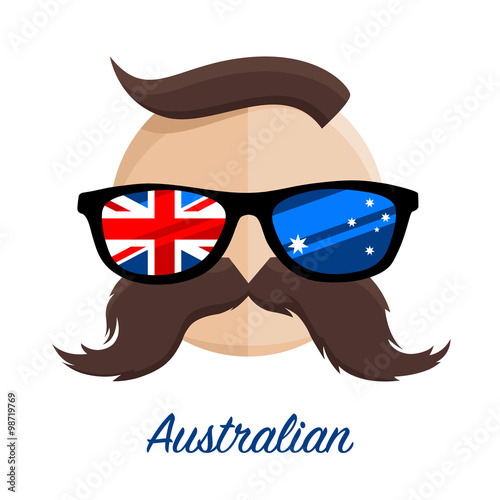 Australian hipster man with flag glasses and mustache / moustache. Vector illustration.