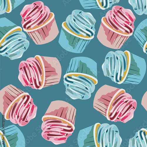 seamless pattern consists of colorful cupcakes. Vector illustration.