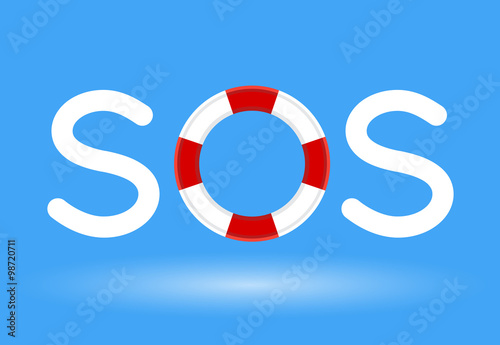 Lifebuoy / life preserver with SOS text concept on blue background. Vector illustration.