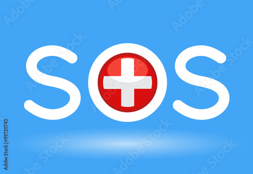 Medical cross with SOS text concept on blue background. Vector illustration.