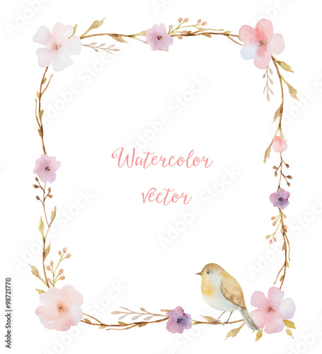 Fototapeta Naklejka Na Ścianę i Meble -  Watercolor bouquets in the shape of a rectangle of flowers and leaves.