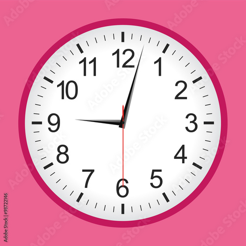 Flat style pink analogue clock .Vector illustration.