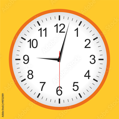 Flat style orange analogue clock .Vector illustration.
