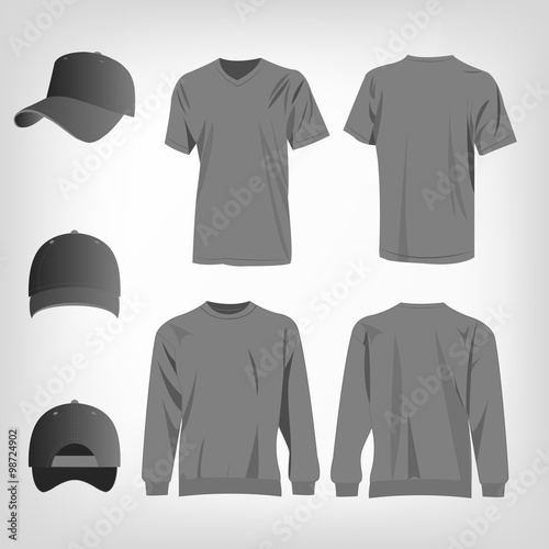 Sport grey t-shirt, sweater and baseball cap isolated set vector