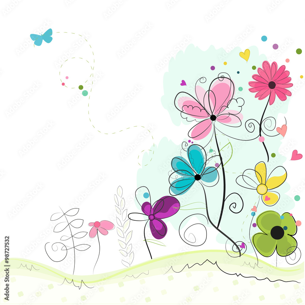 Fototapeta Wiosna czas streszczenie kolorowe doodle kwiaty tło wektor