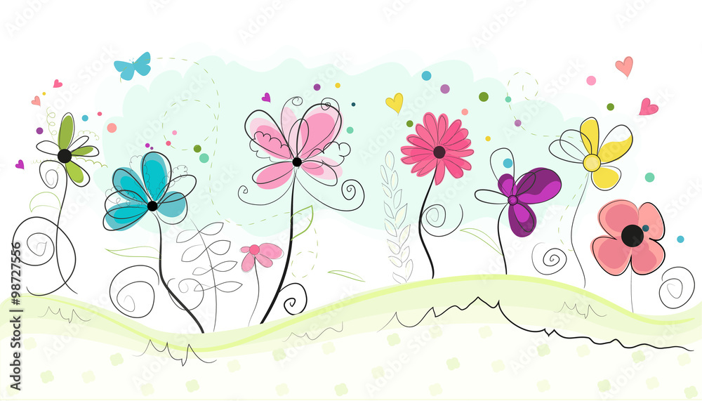 Fototapeta Wiosna czasu abstrakcjonistyczny kolorowy doodle kwitnie wektorowego tło