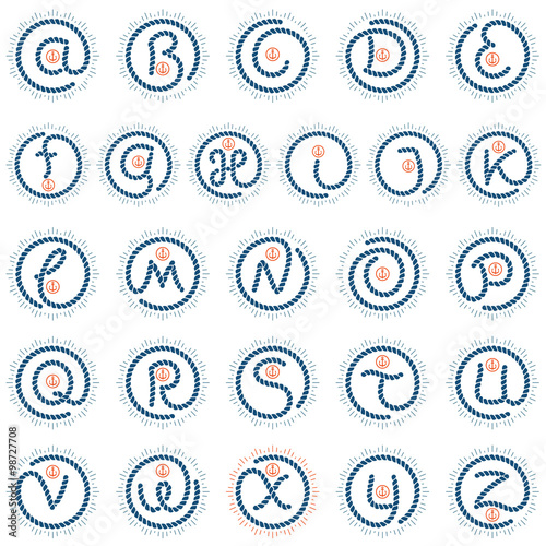 Alphabet letters formed by rope with compass star and anchor