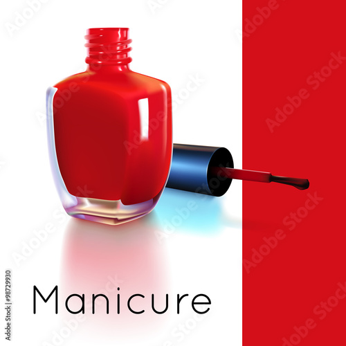 Realistic red nail polish bottle with wet brush design on white and red background. Vector illustration.