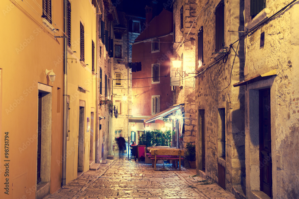 Street of Mediterranean Town Rovinj in Istria, Croatia at Night