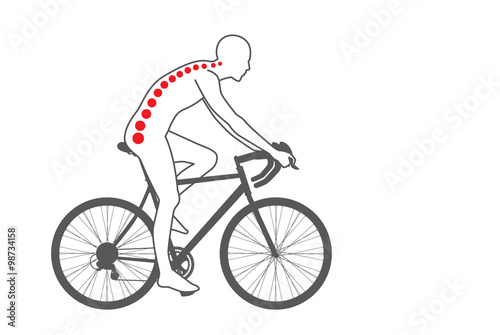 Pain at back area of biker from workout with cycling. Medical and sport illustration.