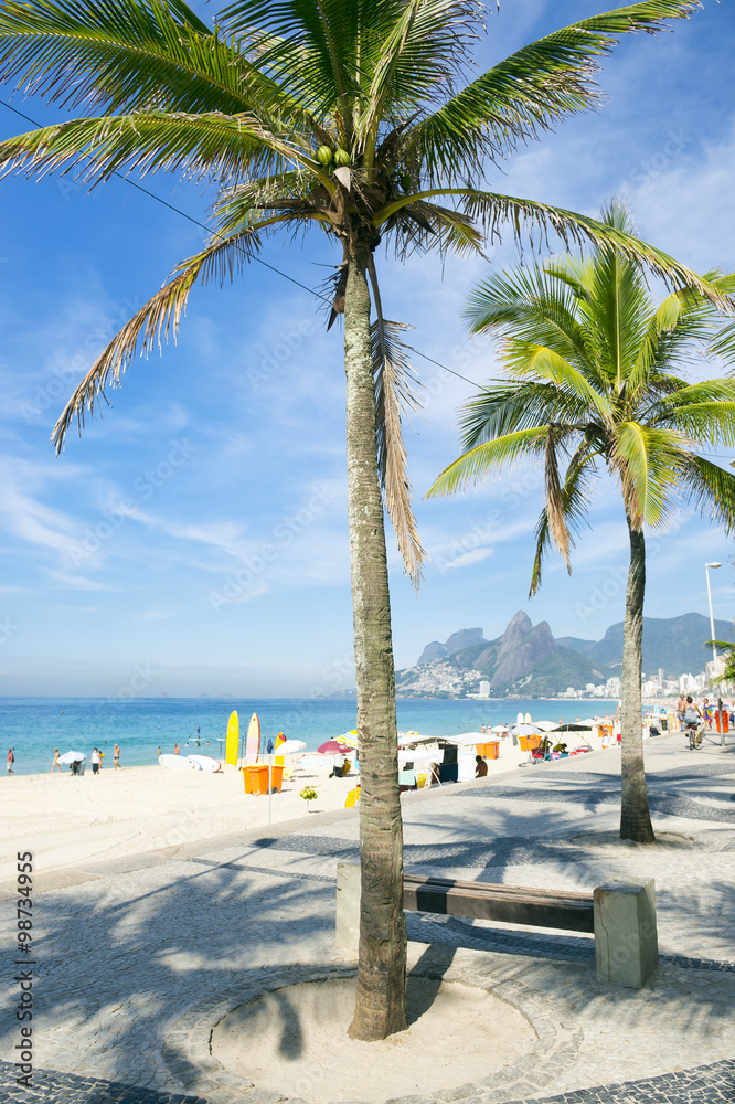 Arpoador Ipanema Beach Rio de Janeiro view of Two Brothers Mountain between two palm trees