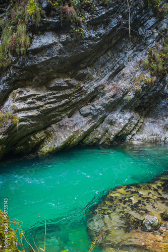 Bled, Slovenia - October 12, 2015. Beautiful emerald waters of mountain river Radovna, Vintgar Gorge.