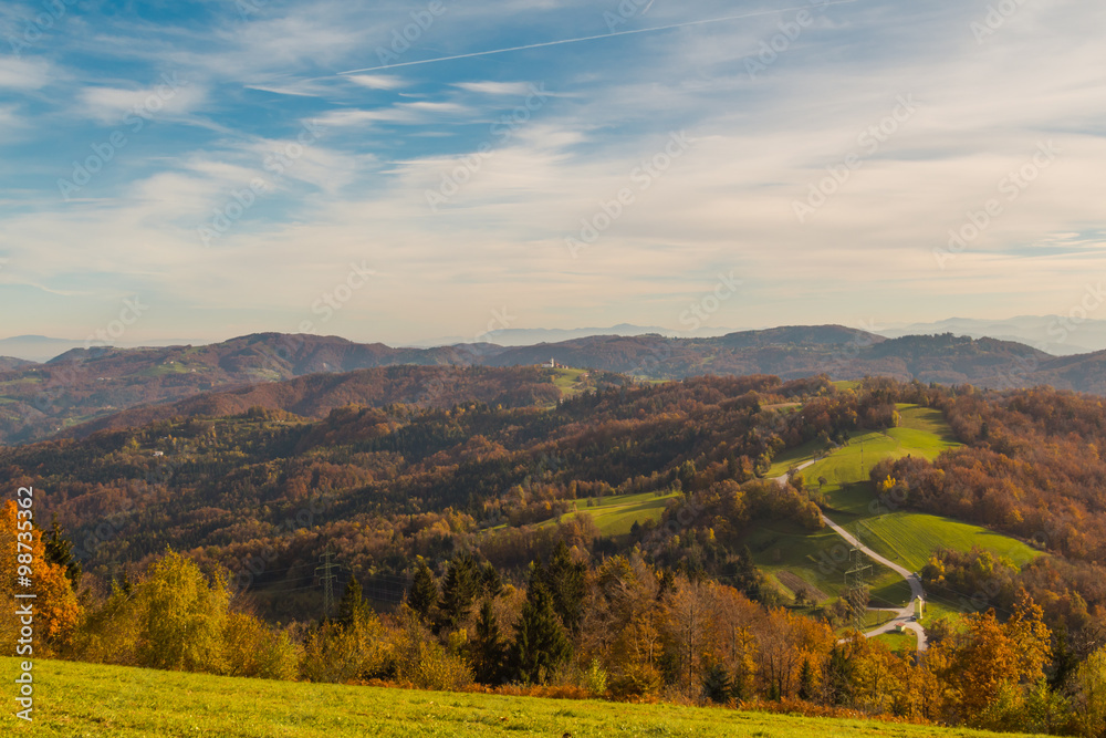 Rolling hills of Slovenia, view from Jance village towards Prezganje.