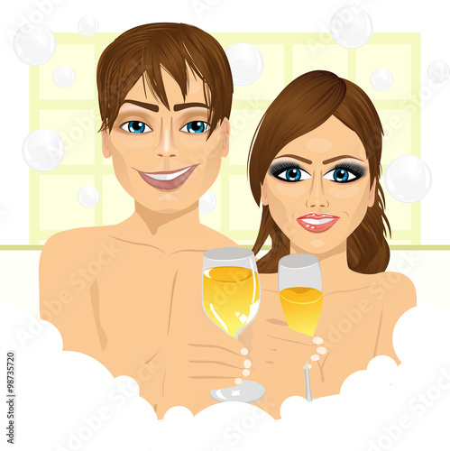 couple making toast with champagne in bathtub