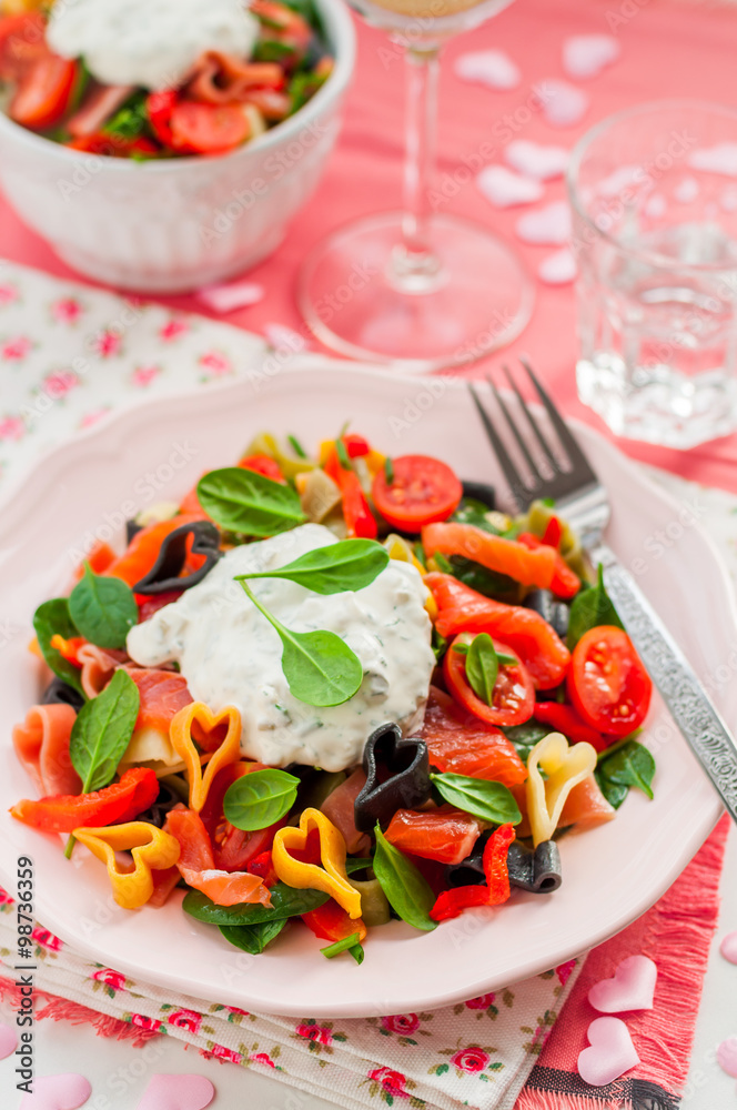 Salmon and Heart Shaped Pasta Salad with Creamy Dressing
