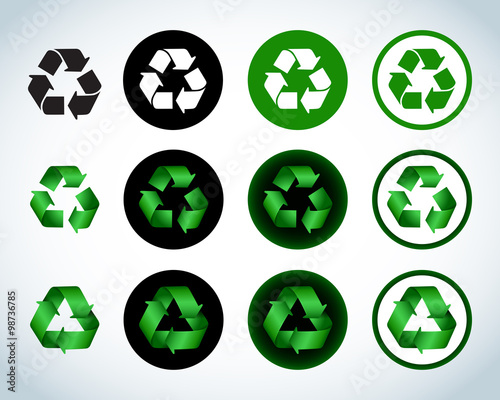 Ecology green icons recycle icons, signs set. Colorful and flat versions. Isolated vector illustrations.