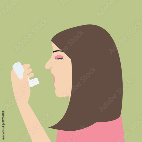 woman asthma holding inhaler illnes vector cartoon flat illustrationj breath medical health photo