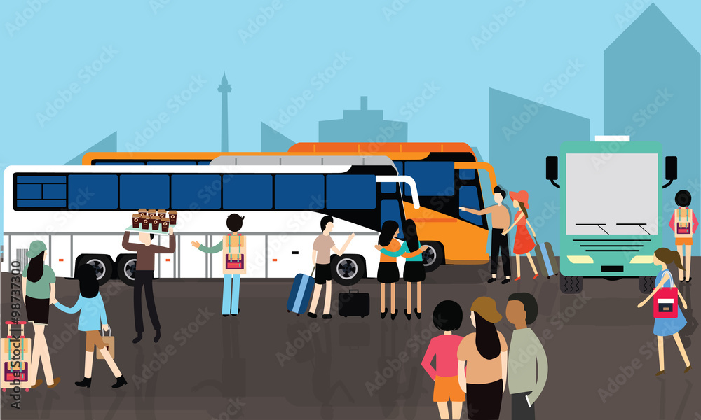 Φωτογραφία bus station stop busy people crowd transport city street terminal transportation