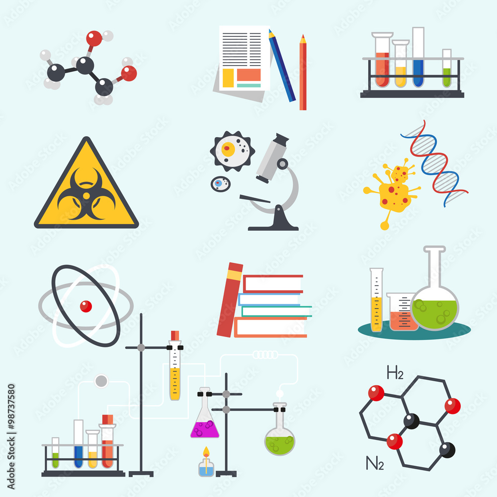 Chemical laboratory science and technology flat style design vector illustration icons. Workplace tools