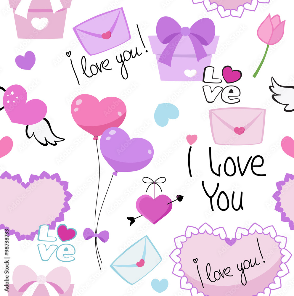 Seamless love romantic valentine hearts background pattern with lovers text in vector.