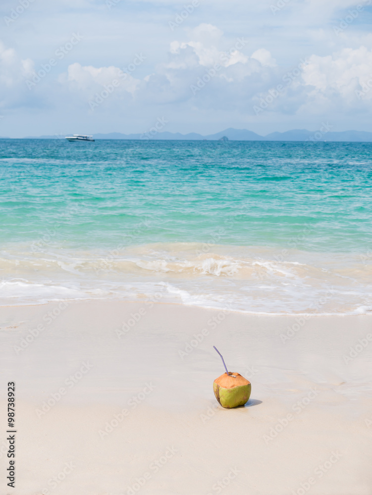 Coconut on white sand tropical beach Coconut on white sand tropical beach