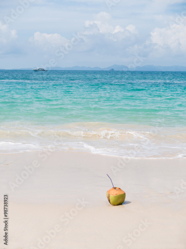 Coconut on white sand tropical beach