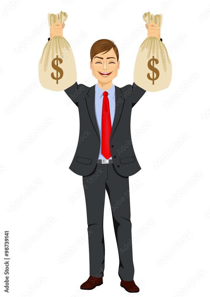businessman holding two big dollar money bags businessman holding two big dollar money bags