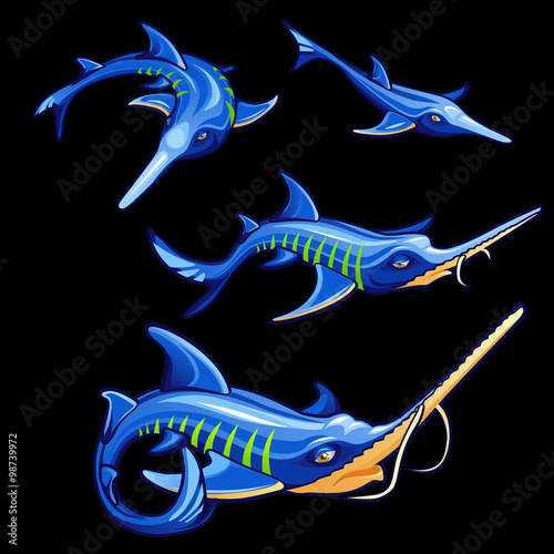 Set of four blue swordfishes, cartoon characters