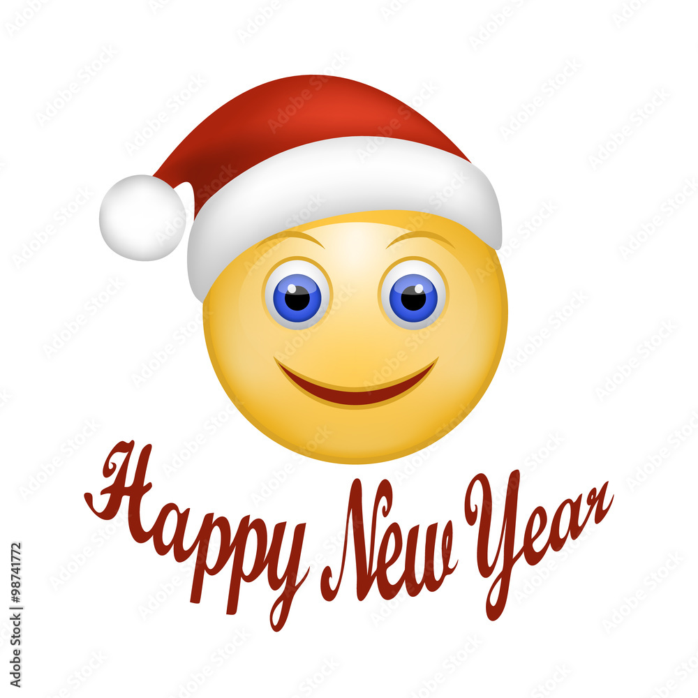 Smiley Face happy Santa Claus. Face emoticon wearing Santa hat. Holidays  Expression Cartoon Smiley in red cap of Santa Claus. Happy New Year hand  lettering. Web design. Vector illustration EPS 10 Stock