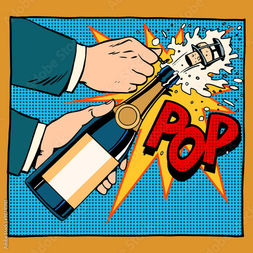 opening champagne bottle pop art retro style