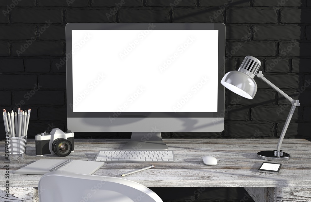 Fototapeta premium 3D illustration PC screen on table in office, Workspace