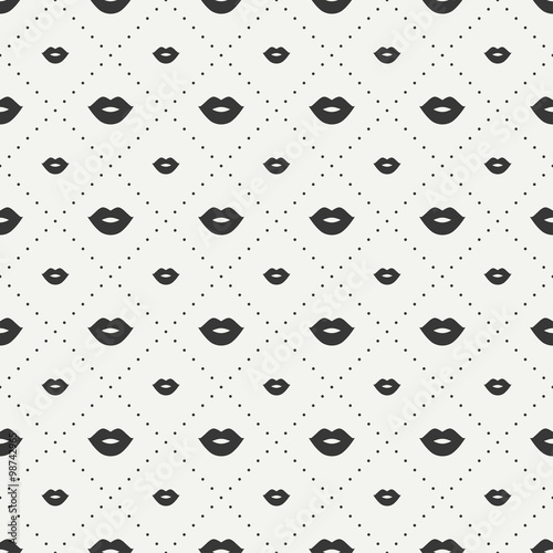 Romantic hipster lips kiss seamless pattern. Wrapping paper. Scrapbook paper. Tiling. Vector illustration. Lipstick kiss prints. Black background. Graphic texture for design. Valentines day
