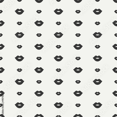 Romantic hipster lips kiss seamless pattern. Wrapping paper. Scrapbook paper. Tiling. Vector illustration. Lipstick kiss prints. Black background. Graphic texture for design. Valentines day