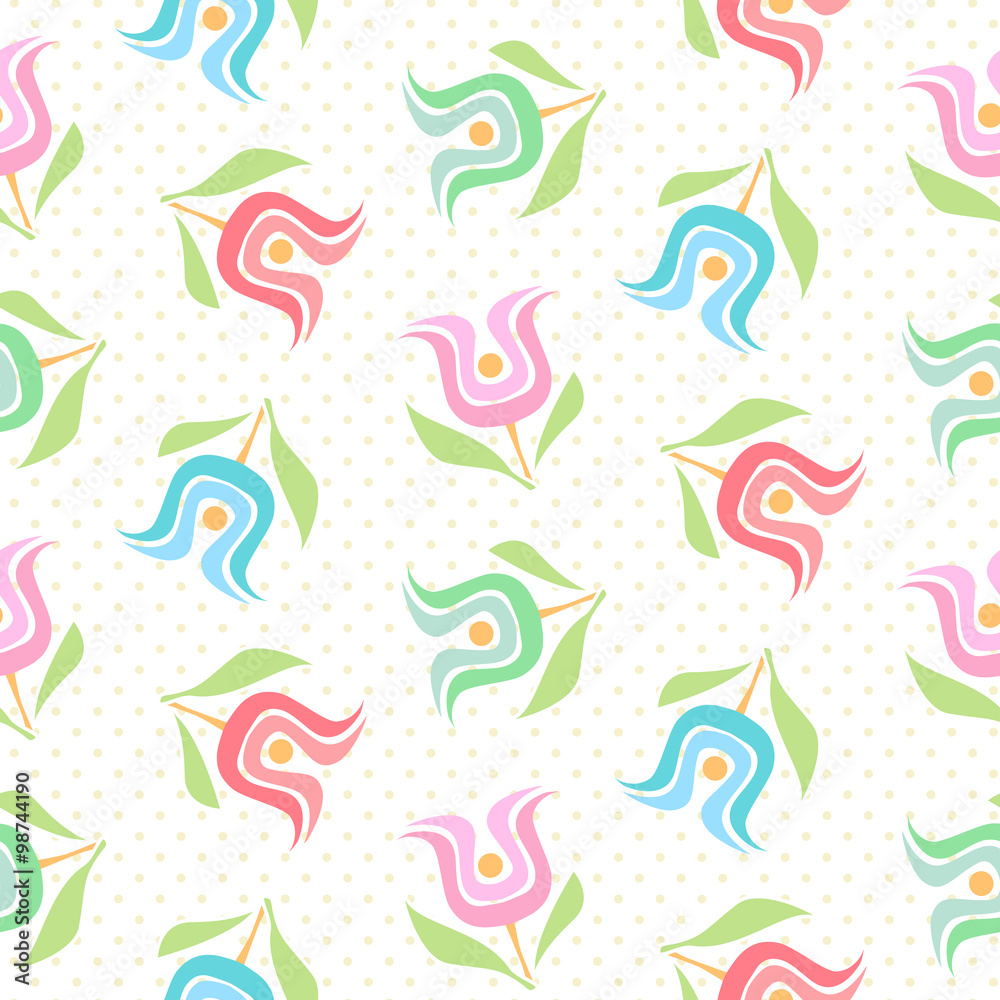 Floral seamless pattern with sweet tulips on polka dots background