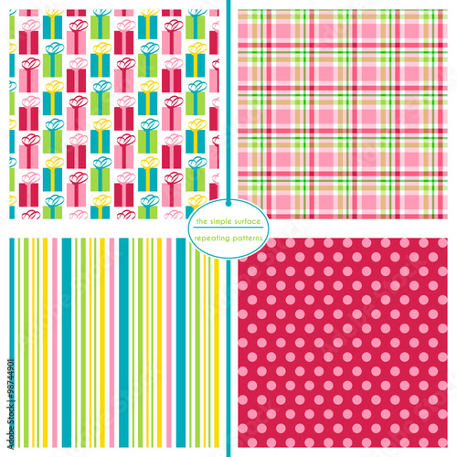 Repeating patterns for digital paper, scrapbooking, cards, invitations, gift wrap and paper backgrounds. File includes: gift print, plaid, stripes and polka dots.
