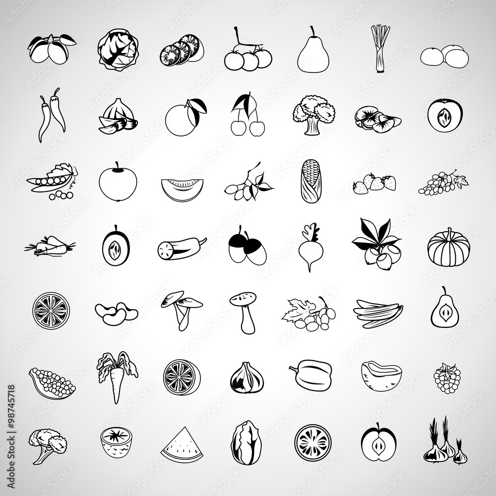 Fruits And Vegetables Icons Set - Isolated On Background - Vector Illustration, Graphic Design. For Web, Websites, Print, Presentation Templates, Mobile Applications And Promotional Materials Fruits And Vegetables Icons Set - Isolated On Background - Vector Illustration, Graphic Design. For Web, Websites, Print, Presentation Templates, Mobile Applications And Promotional Materials