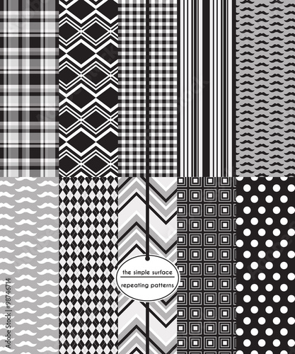 Black and grey seamless pattern set. Repeating patterns for digital paper, scrapbooking, fabric, backgrounds, gift wrap and more. Mustache, plaid, gingham, polka dot and chevron prints.