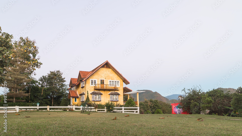 Yellow house with grass field