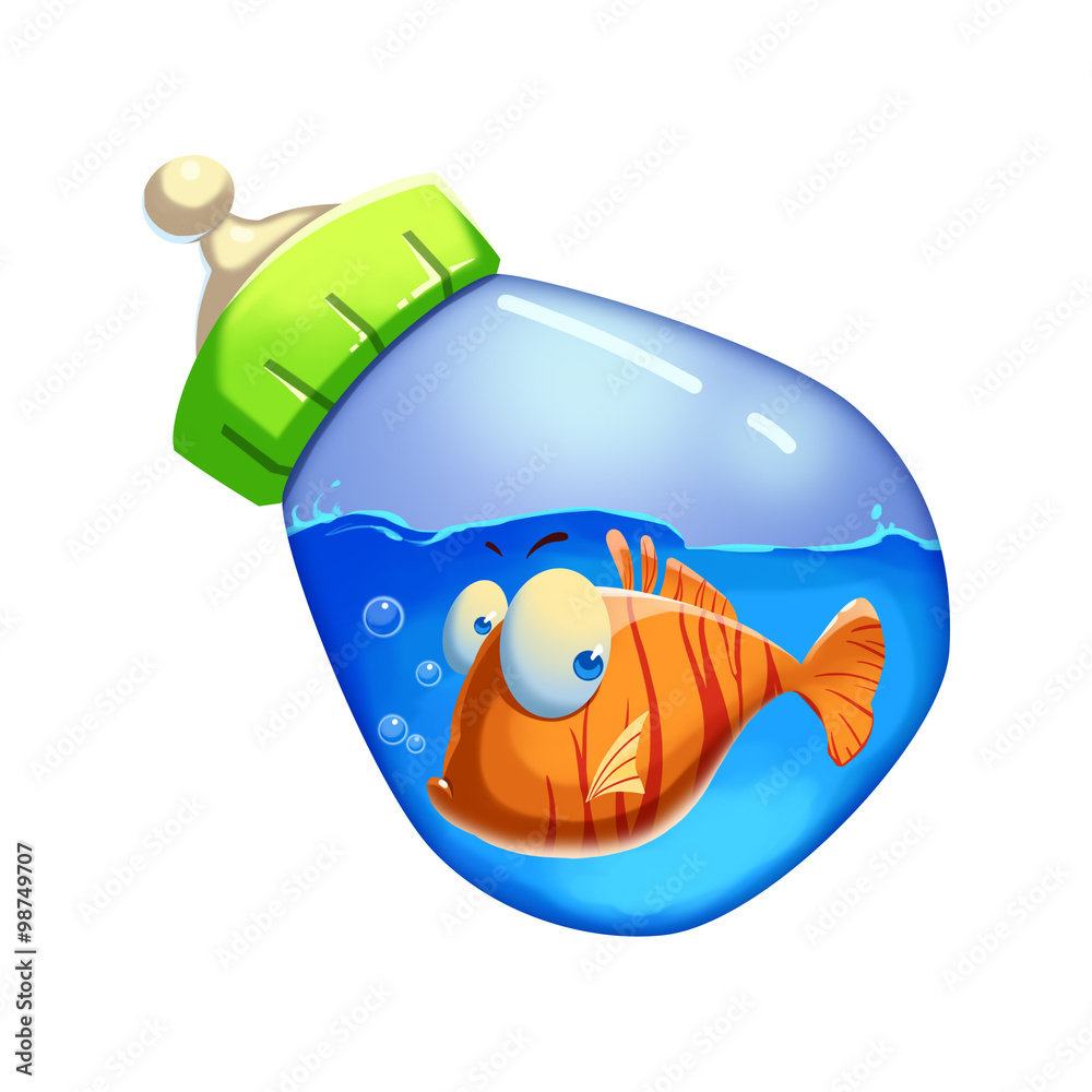 Illustration: Little Fish Swimming in the Milk Bottle. Realistic Fantastic  Cartoon Style Artwork / Story / Scene / Wallpaper / Background / Card  Design Stock Illustration | Adobe Stock
