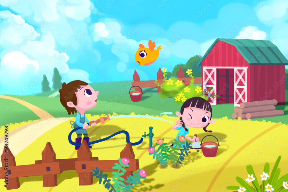 Illustration For Children: The Boy is Watering the Plants but Carelessly Fired the Water to the Girl.  Realistic Fantastic Cartoon Style Artwork / Story / Scene / Wallpaper / Background / Card Design