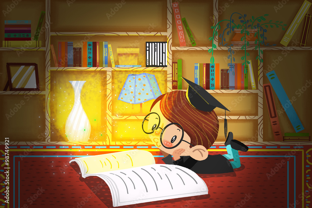Illustration For Children: The Little Doctor is Reading and Thinking in the  Study at Night. Realistic Fantastic Cartoon Style Artwork / Story / Scene /  Wallpaper / Background / Card Design Stock Illustration | Adobe Stock